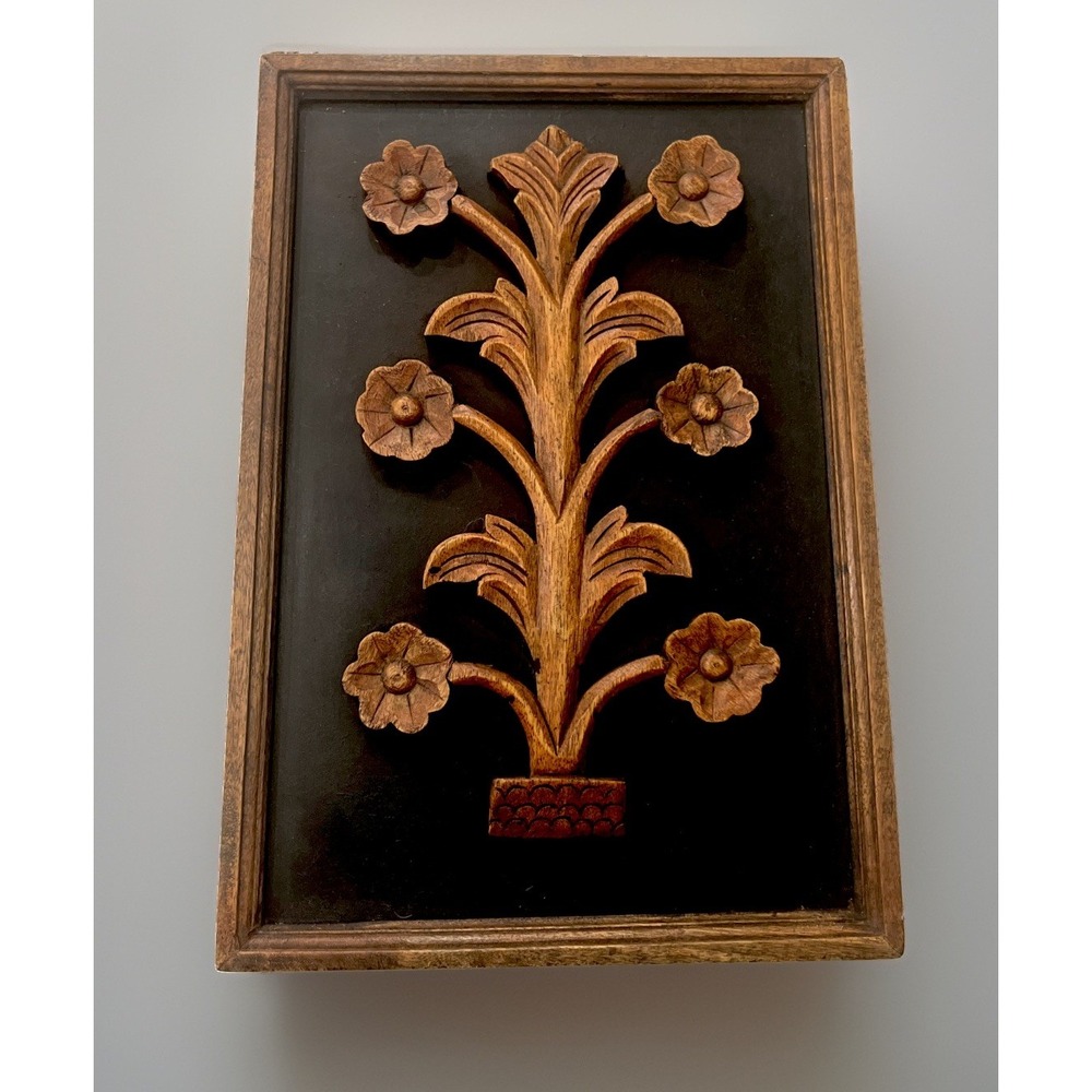 Vintage MCM Teak Tree Wood Carved Flowers Framed Picture Boho Wall Decor 17"x12"